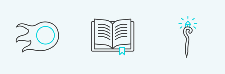 Set line Magic staff, Fireball and Ancient magic book icon. Vector