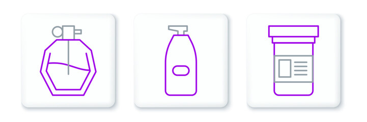 Set line Medicine bottle, Perfume and Bottle of liquid antibacterial soap icon. Vector