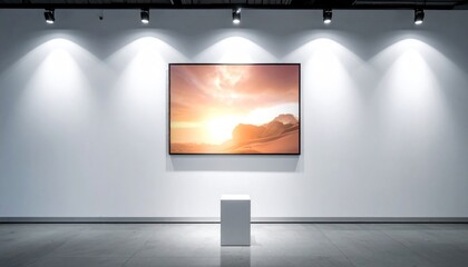 Minimalist art gallery setting showcasing an abstract sunset landscape artwork