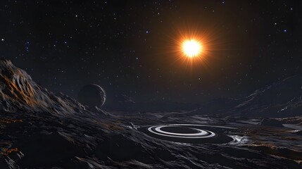 A bright star viewed from an alien planet with ringed moons