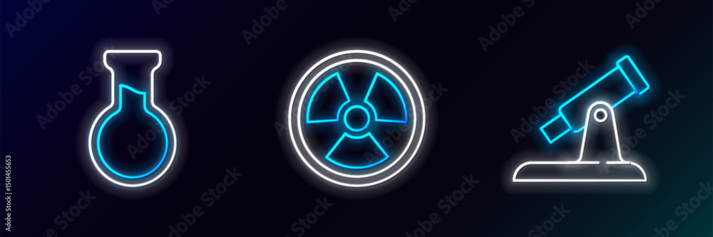 Poster set line telescope, test tube and flask and radioactive icon. glowing neon. vector