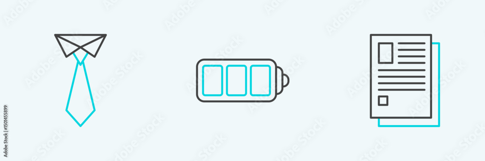 Poster set line file document, tie and battery charge level indicator icon. vector