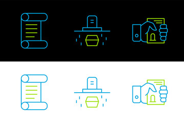 Set line Death certificate in hand, Decree, parchment, scroll and Grave with coffin icon. Vector