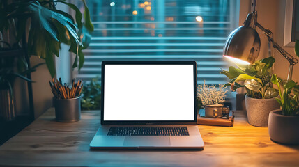 Fototapeta premium Stylish Remote Workstation Showcasing a Clean Desk With Laptop with Transparent PNG Screen Ideal for Creative or Professional Visual Marketing Needs