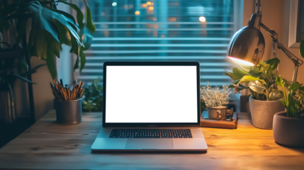 Stylish Remote Workstation Showcasing a Clean Desk With Laptop with Transparent PNG Screen Ideal for Creative or Professional Visual Marketing Needs