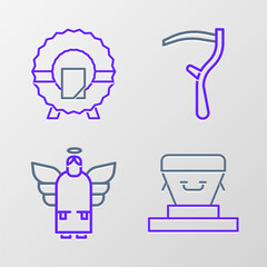 Set line Coffin, Christmas angel, Scythe and Memorial wreath icon. Vector
