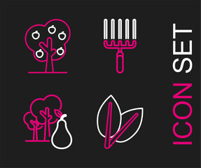 Set line Leafs, Tree with pears, Garden rake in work and apple icon. Vector
