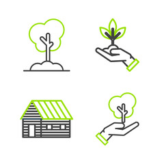 Set line Tree in hand of environmental protection, Farm house, Plant and the ground icon. Vector
