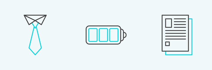 Set line File document, Tie and Battery charge level indicator icon. Vector