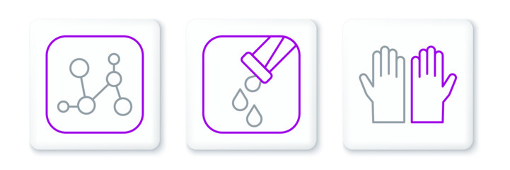 Set line Medical rubber gloves, Chemical formula and Test tube and flask icon. Vector