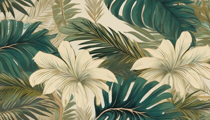 vintage tropical jungle pattern for seamless wallpaper fabric texture tapestry background green beige muted colors