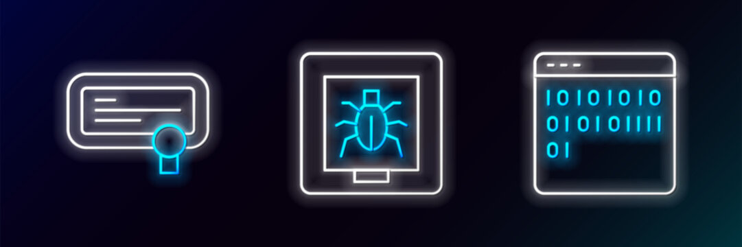 Set line Binary code, Certificate template and Insects frame icon. Glowing neon. Vector