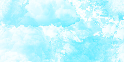 Sunny sky blue light watercolor background. Aquarelle painting brush effect card paper textured canvas cloudy smoke space for text, entertaining card, template. aquamarine color graphics illustration