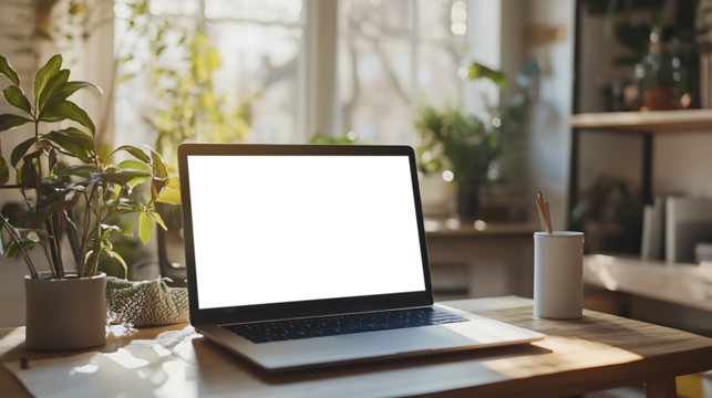 Stylish Remote Workstation Showcasing a Clean Desk With Laptop with Transparent PNG Screen Ideal for Creative or Professional Visual Marketing Needs