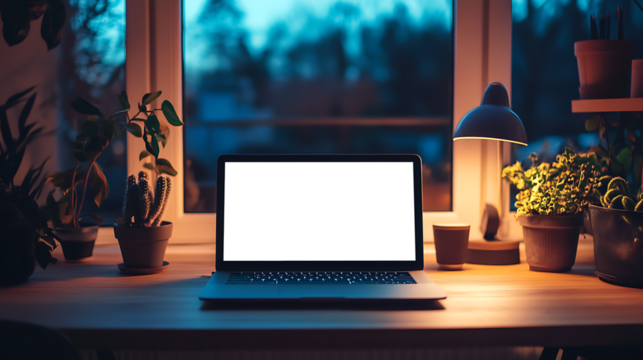 Stylish Remote Workstation Showcasing a Clean Desk With Laptop with Transparent PNG Screen Ideal for Creative or Professional Visual Marketing Needs