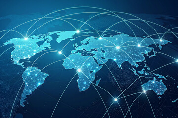 light blue background with a digital world map and global network connections, representing the concept of international business or connectivity