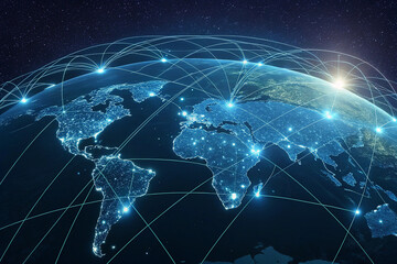 light blue background with a digital world map and global network connections, representing the concept of international business or connectivity