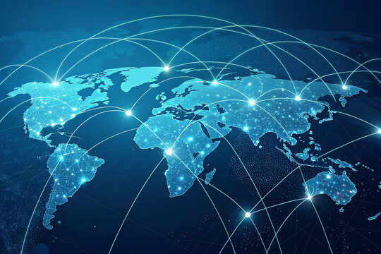 light blue background with a digital world map and global network connections, representing the concept of international business or connectivity