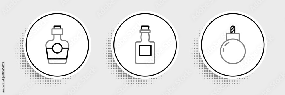 Poster set line bomb ready to explode, tequila bottle and icon. vector