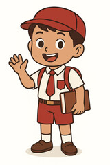 Cute Indonesian Elementary School Boy Cartoon Character with Red Uniform and Backpack