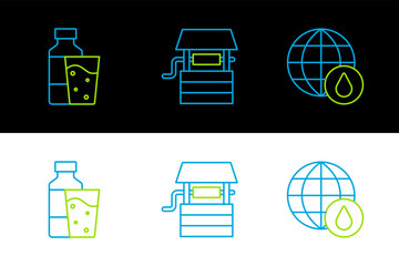Set line Earth planet in water drop, Bottle of with glass and Well bucket icon. Vector