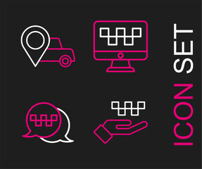 Set line Hand with taxi, Taxi call telephone service, Computer and Location icon. Vector