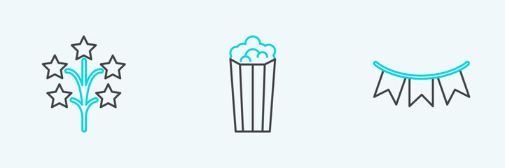 Set line Carnival garland with flags, Fireworks and Popcorn in cardboard box icon. Vector
