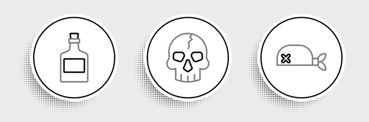 Set line Pirate bandana for head, Alcohol drink Rum and Skull icon. Vector