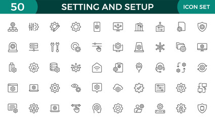 Setting and setup Solid icon collection. app and website settings icon set. options, configuration, preferences, adjustments, tools, gear, control panel, management, and productivity icons.