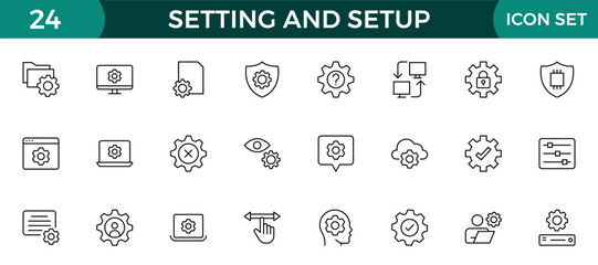 Setting and setup Solid icon collection. app and website settings icon set. options, configuration, preferences, adjustments, tools, gear, control panel, management, and productivity icons.
