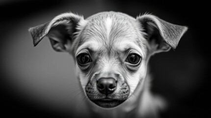 Monochrome Portrait of an Adorable Chihuahua Puppy, Close-Up Shot Showing Expressive Eyes and Delicate Features