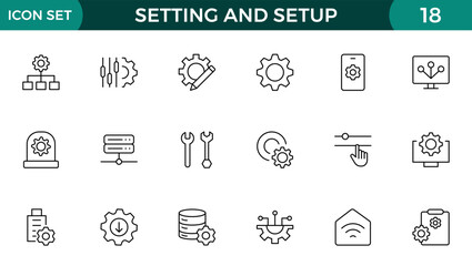 Setting and setup Solid icon collection. app and website settings icon set. options, configuration, preferences, adjustments, tools, gear, control panel, management, and productivity icons.