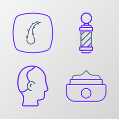 Set line Gel or wax for hair styling, Baldness, Classic Barber shop pole and Human follicle icon. Vector