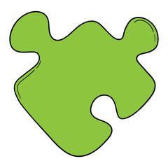 Hand drawn cartoon green puzzle piece on white background.