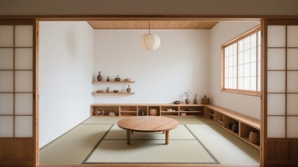 Traditional Japanese Tatami Room with Low Table and Shelves