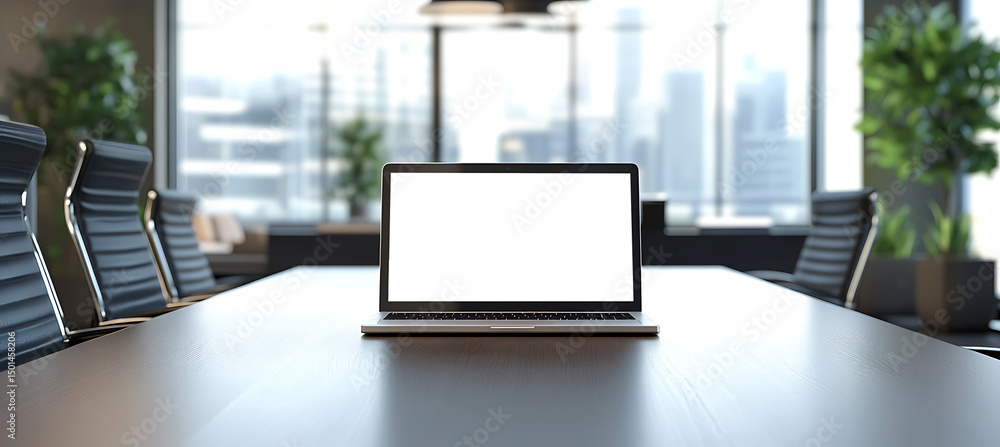 Poster clean professional workspace with laptop with transparent png display turned off, perfect scene for 