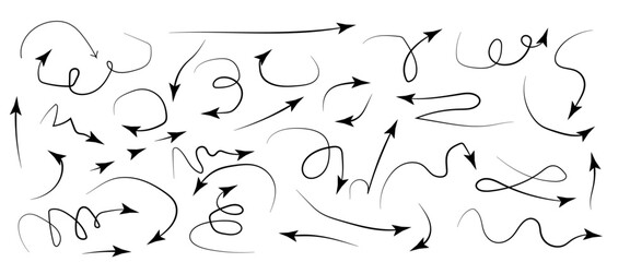 Crayon arrow sketches collection - hand drawn doodle style pointers, curved lines, round swirls. Chaotic scribbling, artistic design elements set.