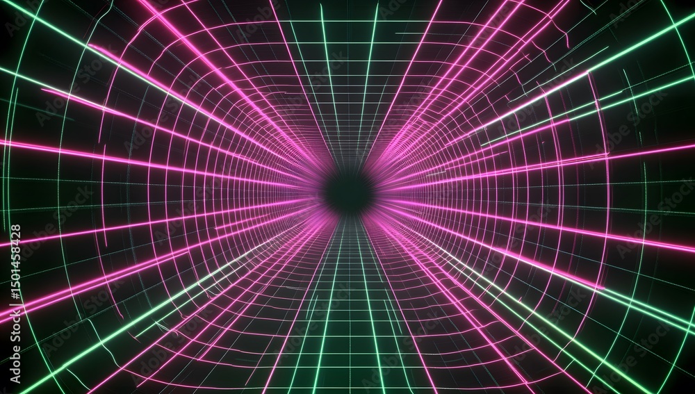 Poster a digital grid of green and pink laser beams radiating from the center, creating an abstract tunnel 