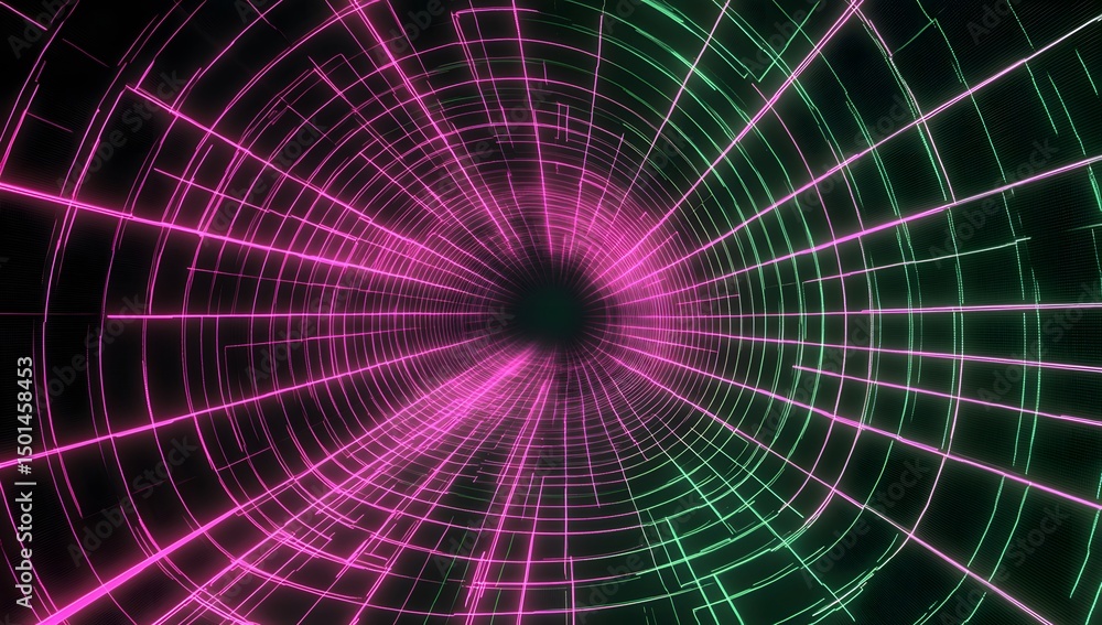 Poster a digital grid of green and pink laser beams radiating from the center, creating an abstract tunnel 