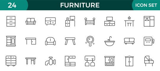 Furniture and home interior elements - thin line web icon set. Outline icons of kitchen, living room, bedroom and office collection.