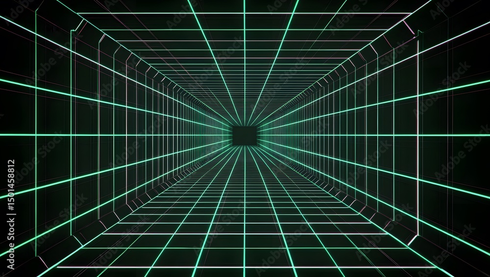Poster a green laser grid with red beams on a dark background, with lines in the center of each beam. a squ