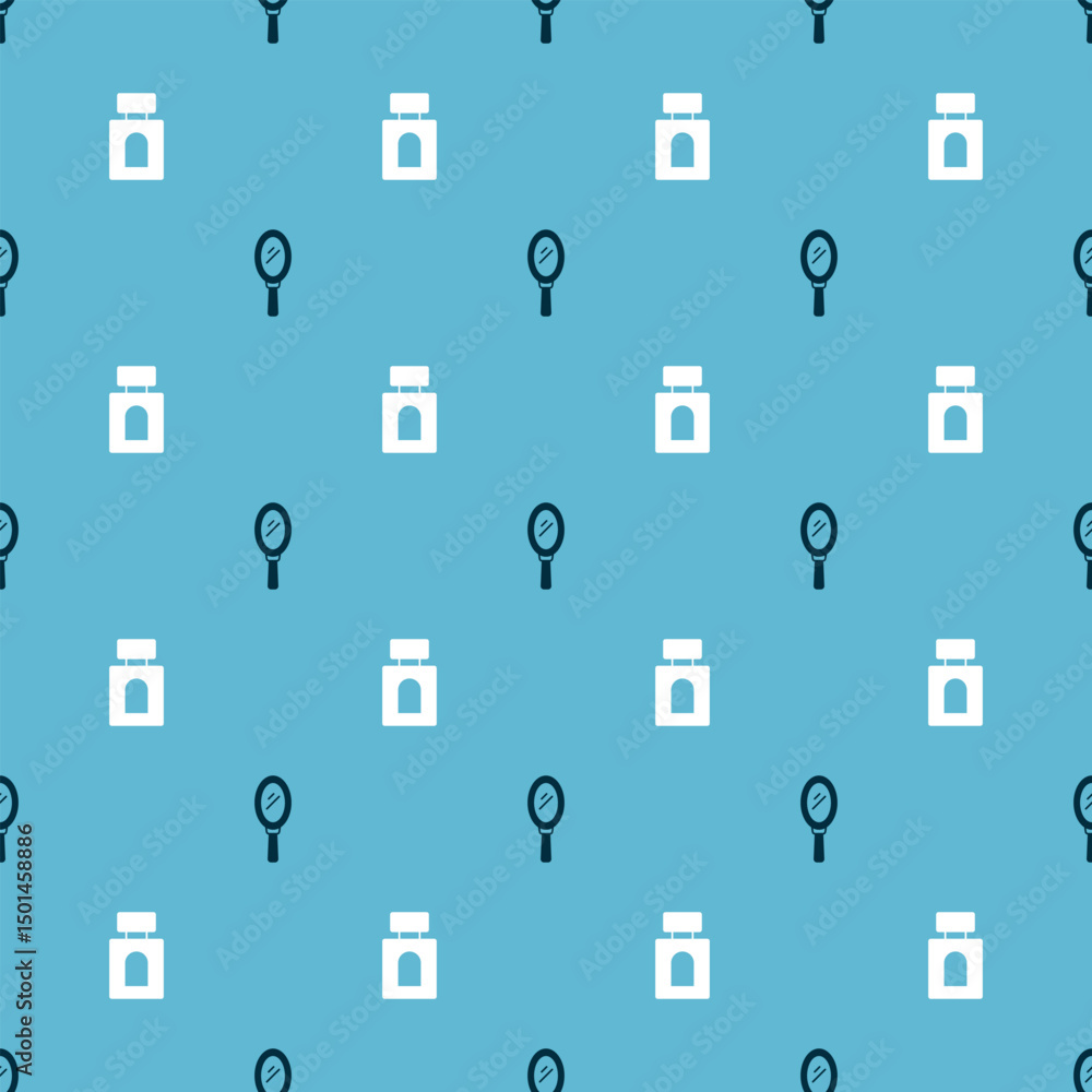 Poster set hand mirror and aftershave on seamless pattern. vector