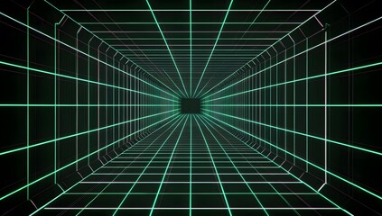 Obraz premium A green laser grid with red beams on a dark background, with lines in the center of each beam. A square is placed inside one corner of the lasers, and behind it