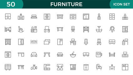 Furniture and home interior elements - thin line web icon set. Outline icons of kitchen, living room, bedroom and office collection.