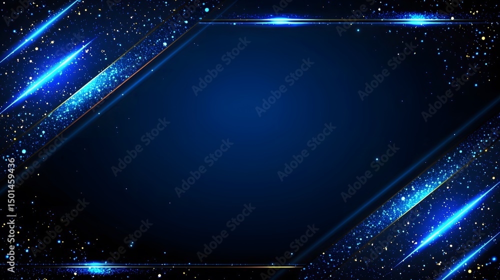 Poster stylish blue and gold design with diagonal lines and sparkles.