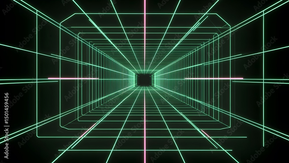 Poster a green laser grid with red beams on a dark background, with lines in the center of each beam. a squ