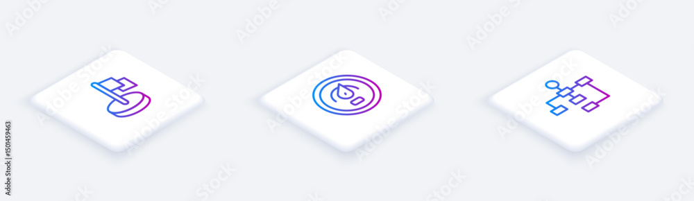 Poster set isometric line flag, digital speed meter and hierarchy organogram chart. white square button. ve