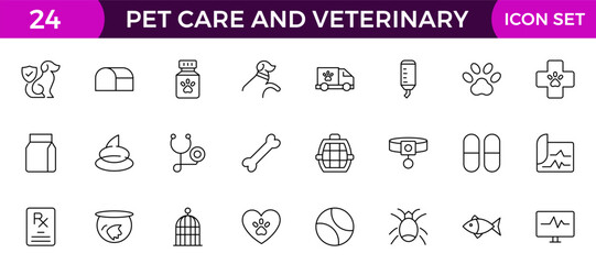 Set of line icons related to pet, care, veterinary, vet, and healthcare. Outline icon collection. Set of outline veterinarian icons. Animals veterinary icons.Pet and Vet Line Icon Set.
