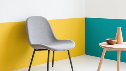 Fototapeta premium Modern Chair and Round Table Against Colorful Wall