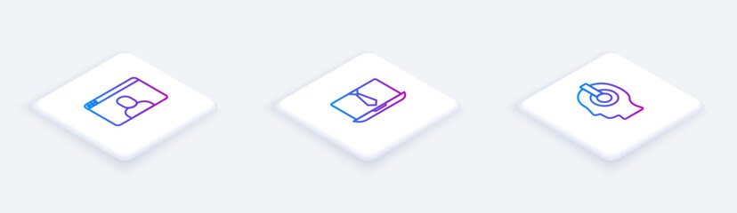 Set Isometric line Video chat conference, and Freelancer. White square button. Vector